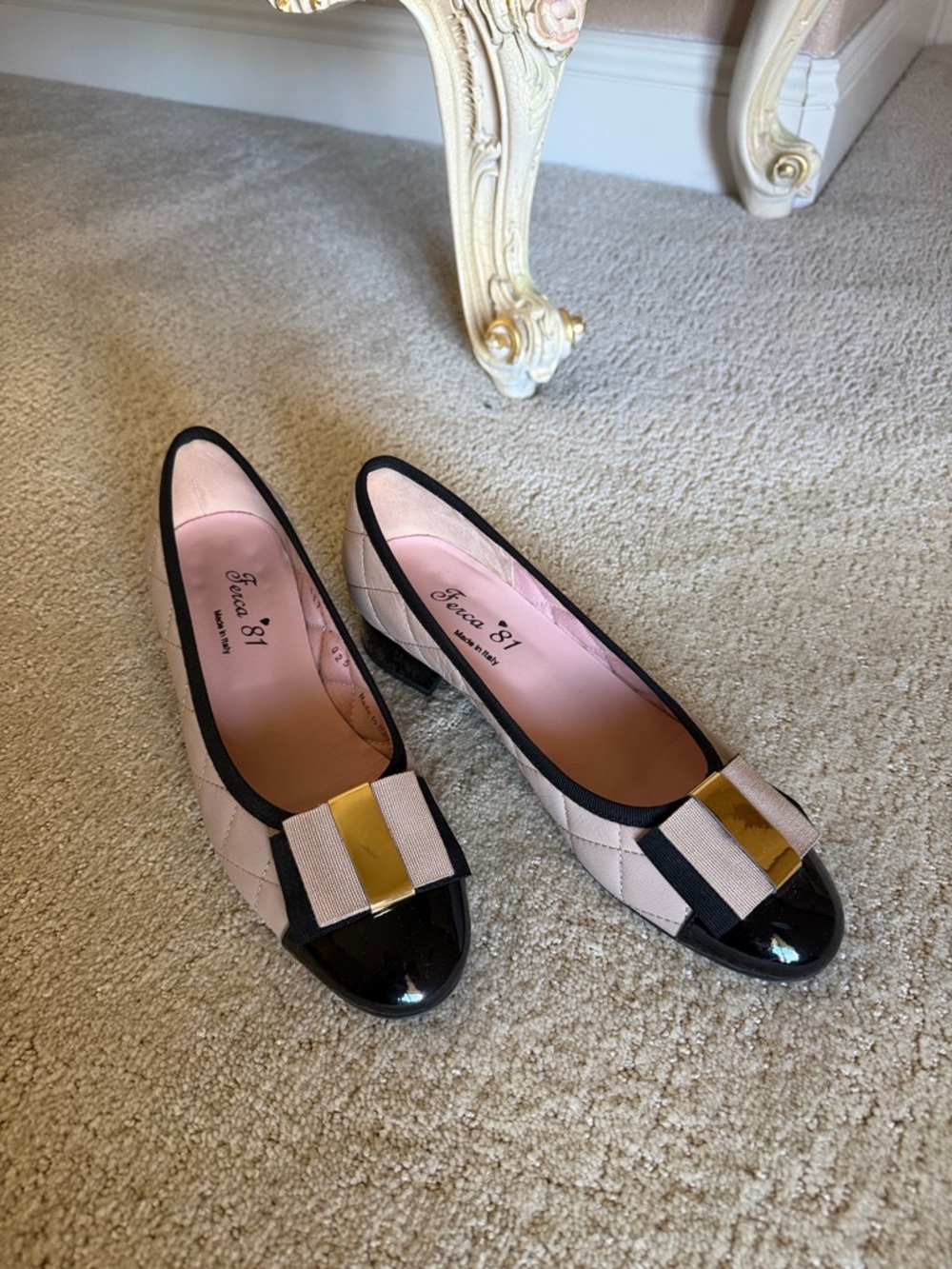 Women's Pink Quilted Flats with Black Patent Cap Toe